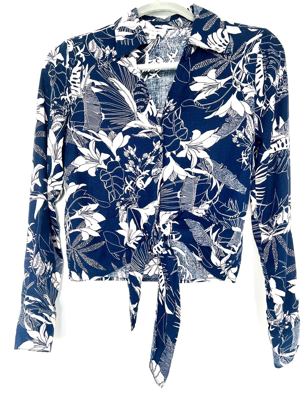 Panama Jack Tropical Floral Linen Blend Tie Front Button Down Womens Shirt XS